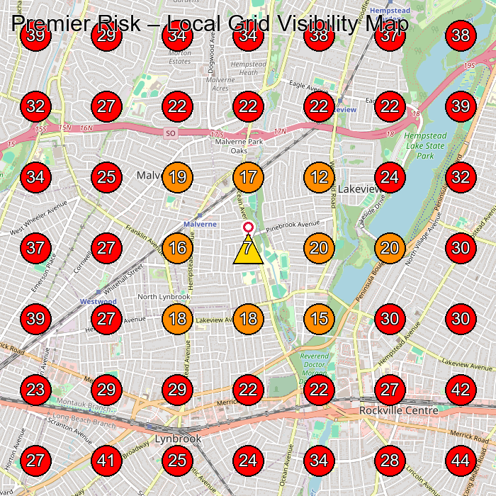Premier Risk GeoGrid visibility map for Insurance Agency in Valley Stream